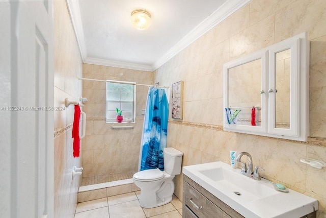 bathroom with toilet, vanity, tile walls, tile patterned floors, and ornamental molding