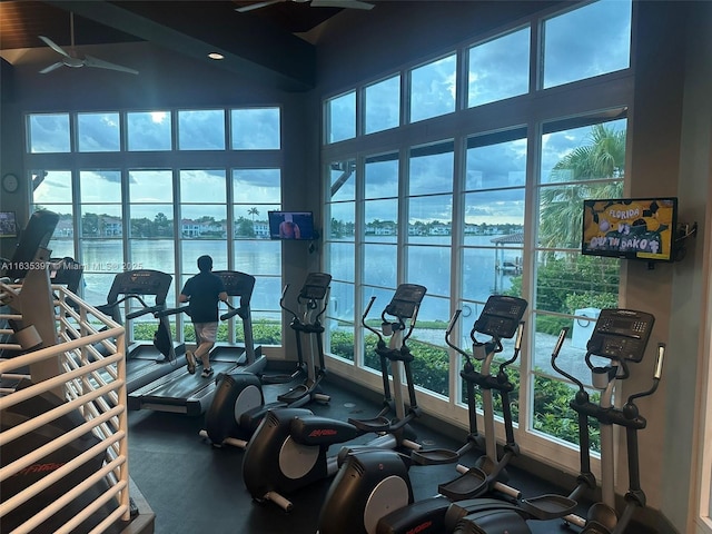 workout area with high vaulted ceiling and ceiling fan