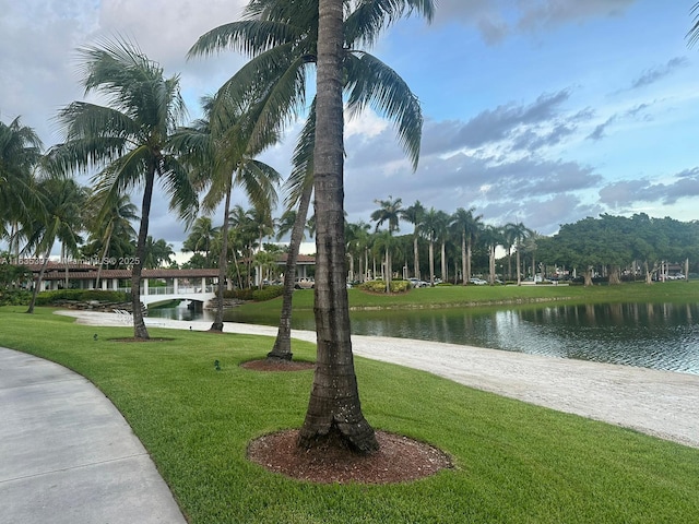 surrounding community featuring a water view and a yard