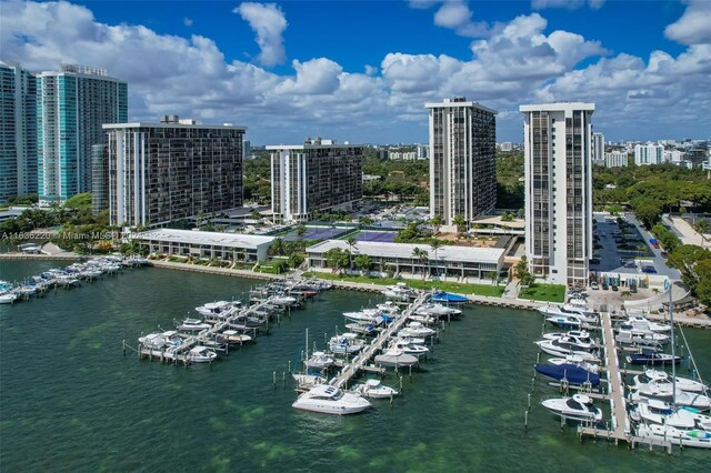 aerial view featuring a water view