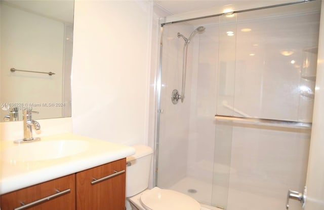 bathroom with vanity, walk in shower, and toilet