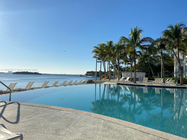 view of pool featuring a water view