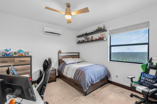 bedroom with a wall unit AC, carpet, ceiling fan, and a water view