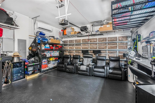 garage with a wall mounted AC and a garage door opener