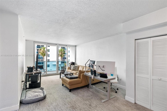 home office with a textured ceiling, carpet, and a wall of windows