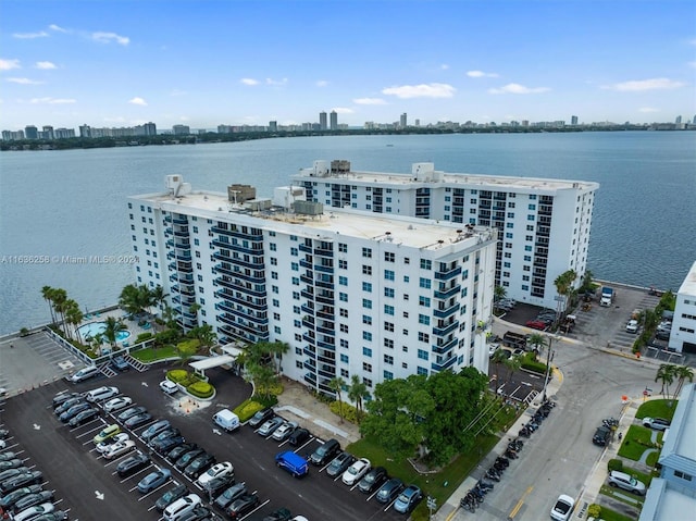 aerial view featuring a water view