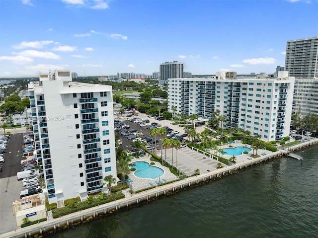 drone / aerial view with a water view