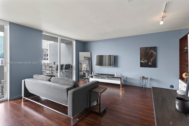 living room with hardwood / wood-style floors and rail lighting