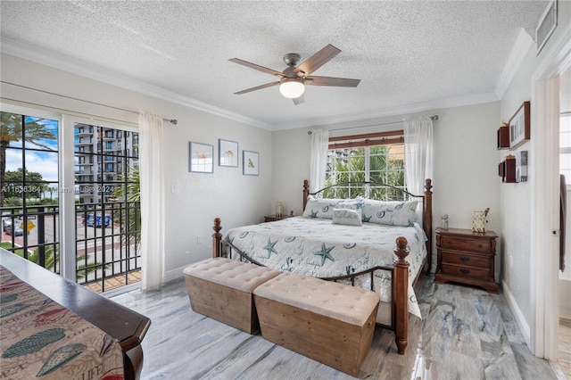 bedroom with access to outside, ceiling fan, light wood-type flooring, ornamental molding, and a textured ceiling