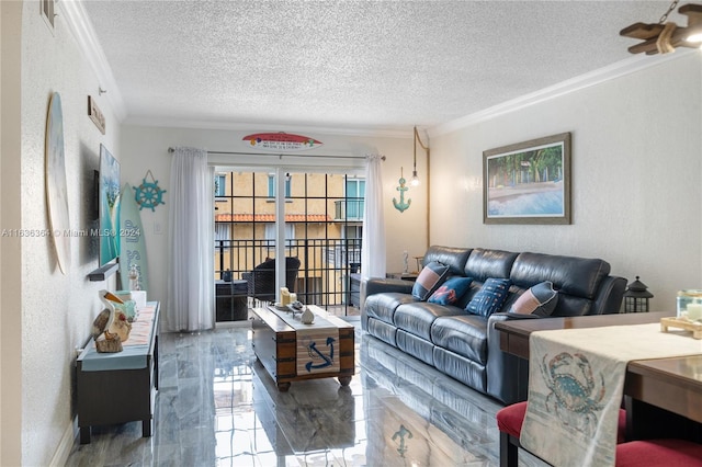 living room with hardwood / wood-style flooring, ornamental molding, and a textured ceiling