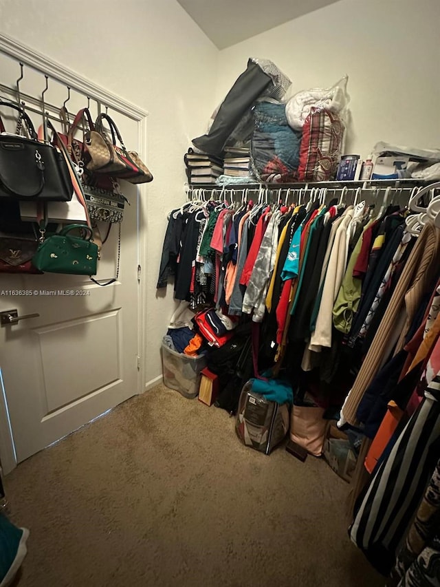 walk in closet featuring carpet flooring