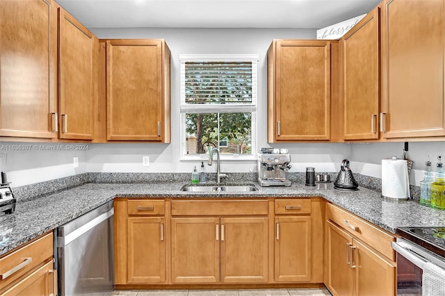 kitchen with sink, dark stone countertops, and dishwasher