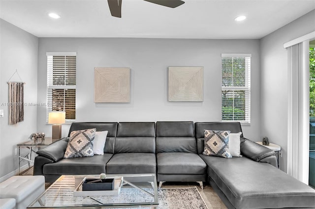 living room with ceiling fan