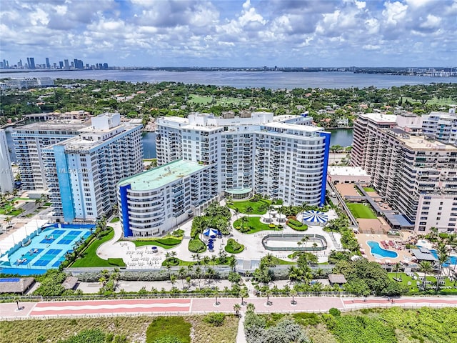 drone / aerial view with a water view