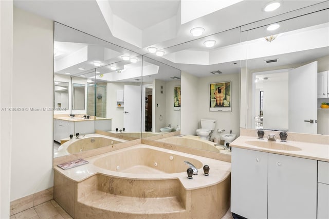 full bathroom with tile patterned floors, vanity, a bidet, independent shower and bath, and toilet