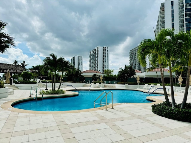 view of swimming pool with a patio area