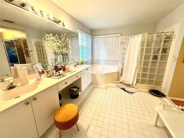 full bath featuring visible vents, tiled shower, a sink, tile patterned flooring, and a bath