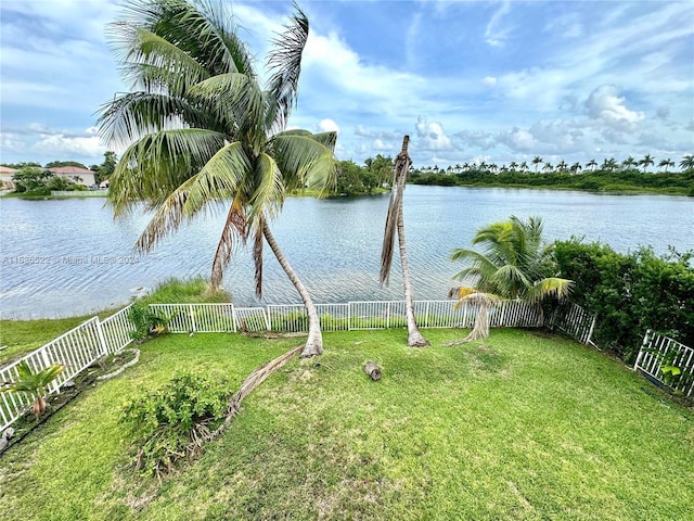 view of water feature with a fenced backyard