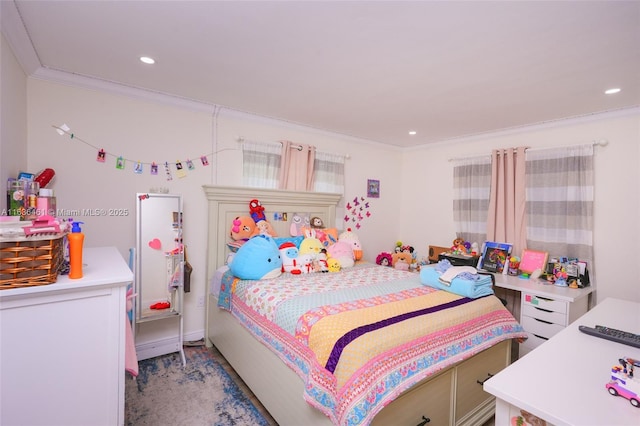 bedroom with ornamental molding and recessed lighting