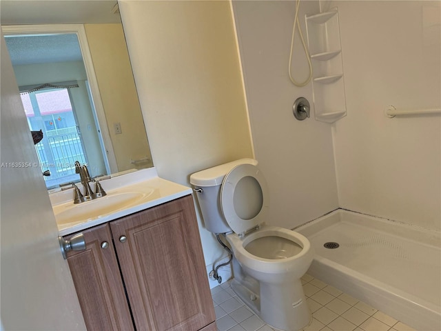 full bath with toilet, a shower stall, vanity, and tile patterned floors