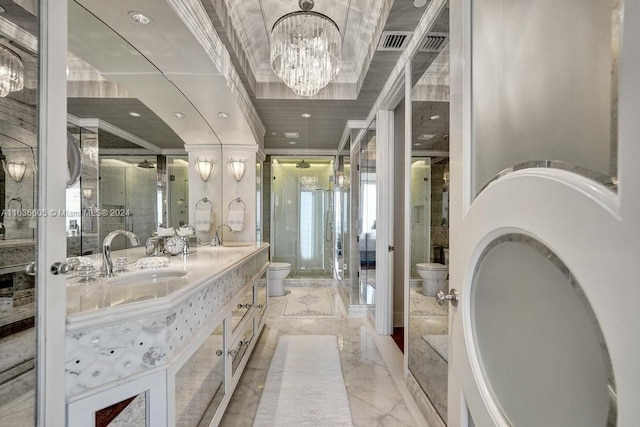 bathroom with tile patterned flooring, a chandelier, toilet, vanity, and ornamental molding