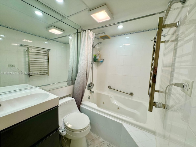 full bathroom with tile patterned flooring, toilet, vanity, and shower / tub combo with curtain