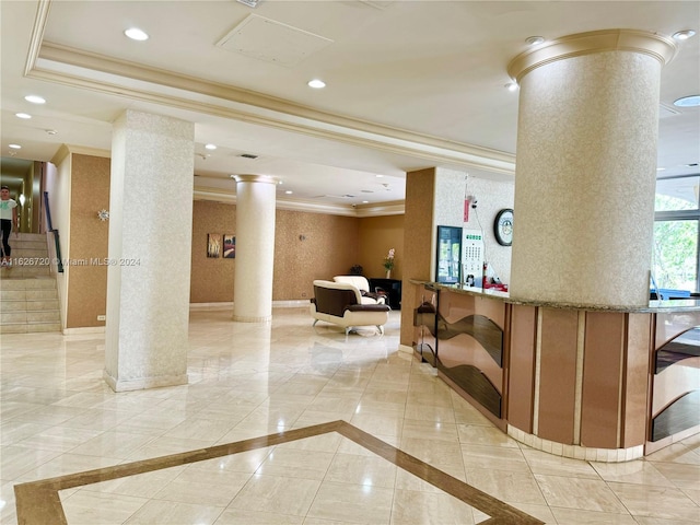 welcome area featuring decorative columns