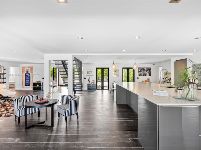 interior space with french doors, a kitchen island, plenty of natural light, and dark wood-type flooring