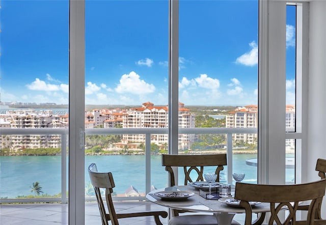 sunroom with a water view