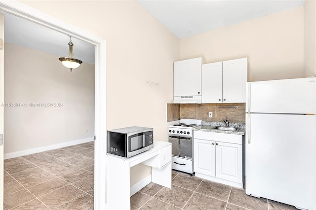279 NW 119th Ave, Miami, FL 33182 - kitchen featuring white cabinetry, white appliances, under cabinet range hood, backsplash, and a sink