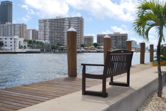 dock area with a water view and a city view