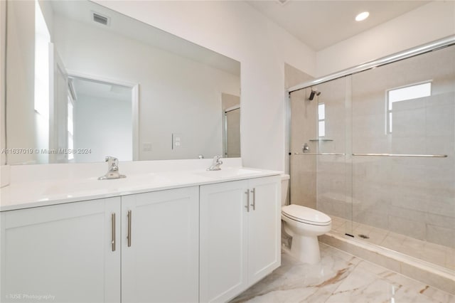 28725 SW 133rd Ct Unit 28725, Homestead, FL 33033 - full bath with toilet, double vanity, a shower stall, marble finish flooring, and recessed lighting