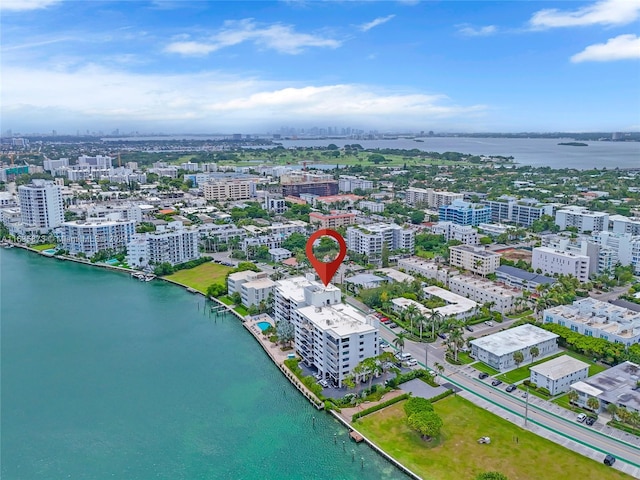 drone / aerial view featuring a water view