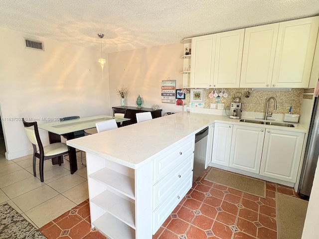 kitchen featuring open shelves, a sink, a peninsula, and white cabinets