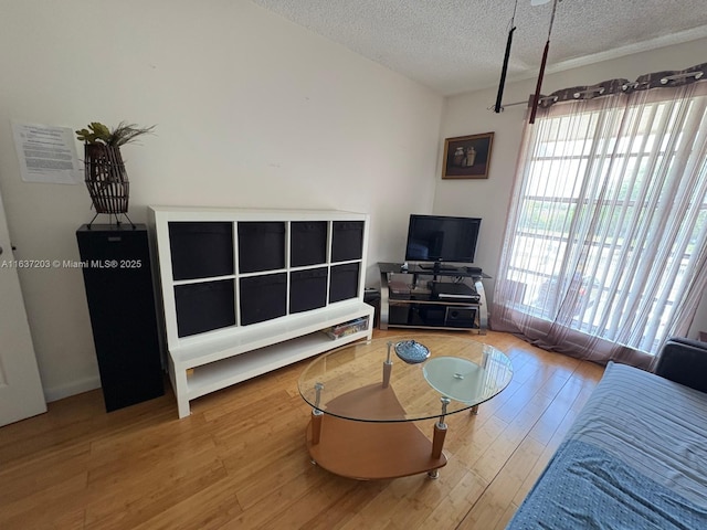 living area with a textured ceiling and wood finished floors