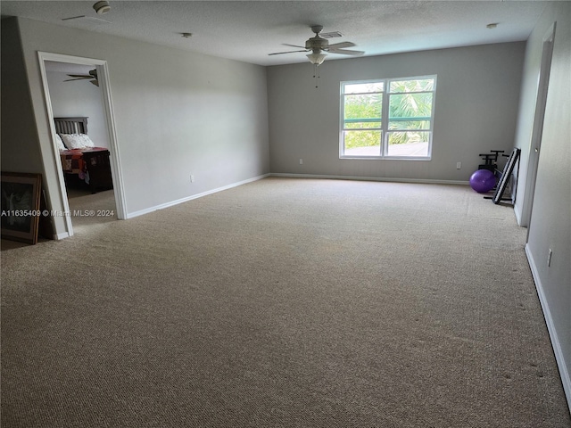 interior space with a textured ceiling, ceiling fan, and light colored carpet