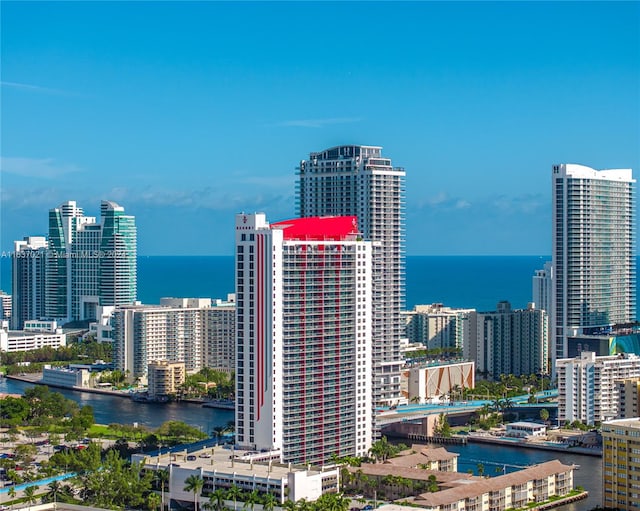 property's view of city featuring a water view