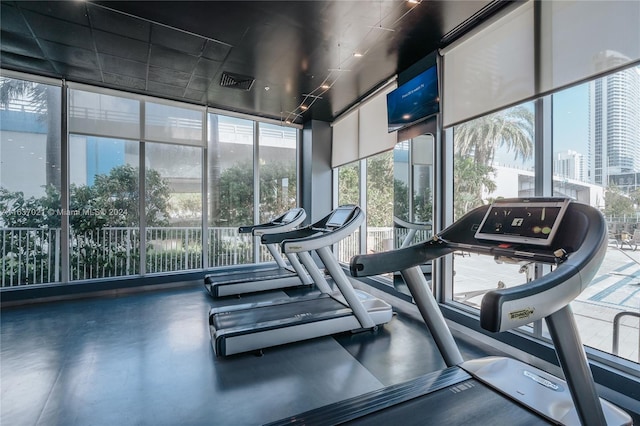 workout area featuring expansive windows