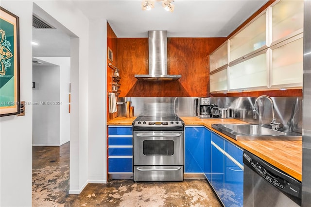 kitchen with stainless steel electric range, dishwashing machine, decorative backsplash, wall chimney exhaust hood, and sink