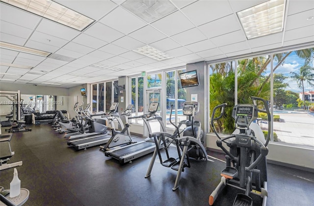 workout area featuring a wealth of natural light, floor to ceiling windows, and a paneled ceiling