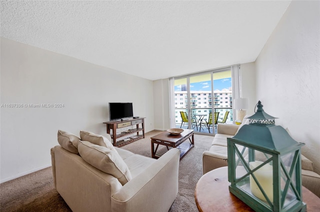 living room featuring a textured ceiling, floor to ceiling windows, and carpet floors