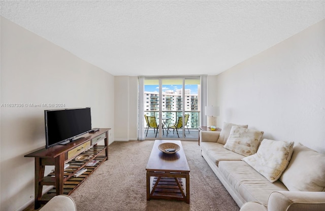 carpeted living room featuring a wall of windows and a textured ceiling