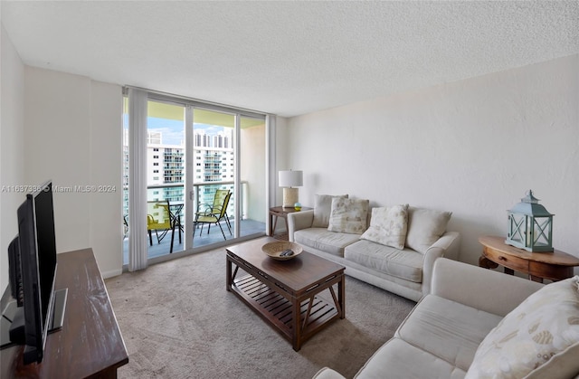 carpeted living room with expansive windows and a textured ceiling