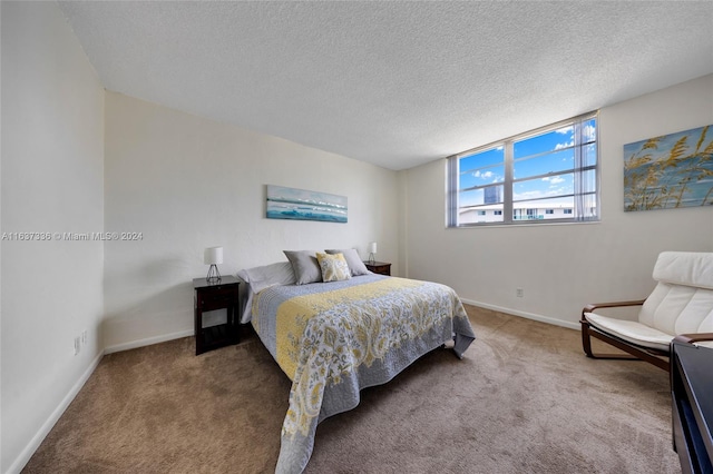 bedroom with a textured ceiling and carpet floors