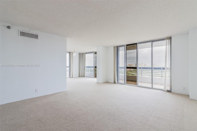 empty room with a textured ceiling, light colored carpet, and floor to ceiling windows