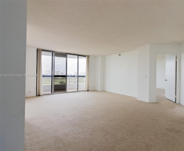 carpeted empty room with floor to ceiling windows and a textured ceiling