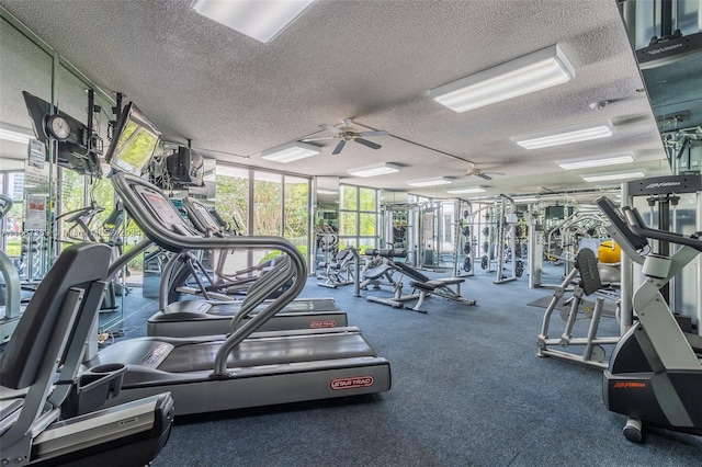 gym with a wall of windows, carpet, a textured ceiling, and ceiling fan