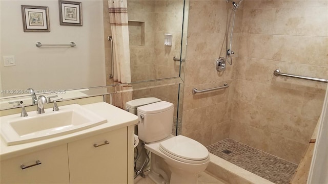 bathroom with curtained shower, toilet, and vanity