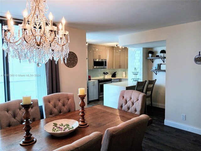 dining space with dark hardwood / wood-style flooring and a chandelier