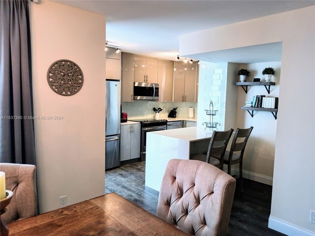 kitchen featuring decorative backsplash, dark hardwood / wood-style flooring, and appliances with stainless steel finishes